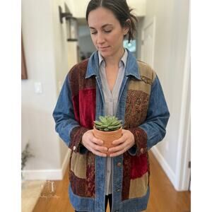 White Stag XL Velvet Patchwork Paisley Denim Art Jacket Jean Coat Boho Aesthetic